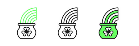 Set line Pot of gold with magic rainbow icon isolated on white background. Happy Saint Patricks day. National Irish holiday. Vector.のイラスト素材