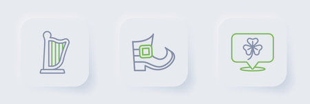 Set line Clover trefoil leaf Leprechaun boot and Harp icon. Vector.のイラスト素材