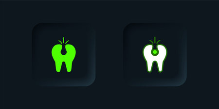 Green Broken tooth icon isolated on black background. Dental problem icon. Dental care symbol. Black square button. Vector.のイラスト素材
