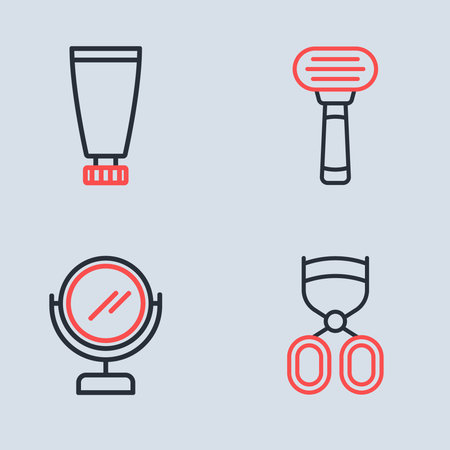 Set line Shaving razor Round makeup mirror Eyelash curler and Cream lotion cosmetic tube icon. Vector.のイラスト素材