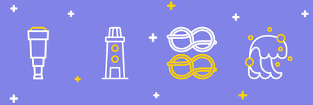 Set line Tsunami Nautical rope knots Lighthouse and Spyglass telescope lens icon. Vector.