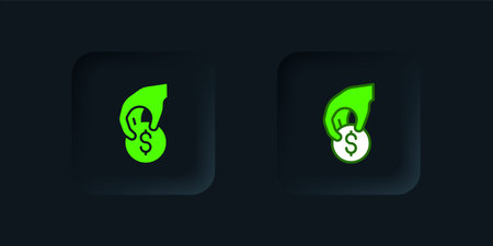 Green Hand holding casino chips icon isolated on black background. Casino gambling. Black square button. Vector.のイラスト素材