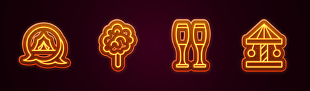 Set line Circus tent Cotton candy Bowling pin and Attraction carousel. Glowing neon icon. Vector.のイラスト素材