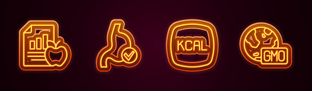 Set line Diet plan Human stomach health Kcal and GMO. Glowing neon icon. Vector.のイラスト素材