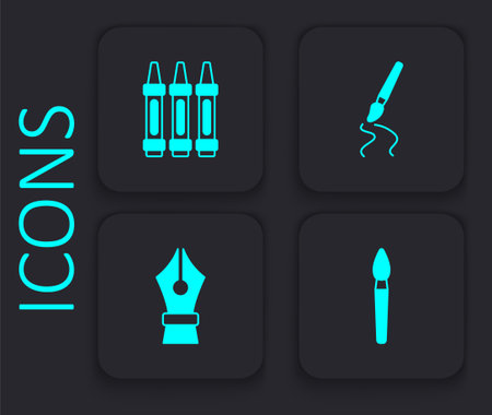 Set Paint brush Wax crayons for drawing and Fountain pen nib icon. Black square button. Vector.のイラスト素材