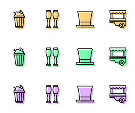 Set line Cylinder hat Popcorn cardboard box Bowling pin and Fast street food cart icon. Vector.のイラスト素材
