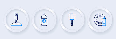 Set line Dishwashing bottle and plate Toilet brush Antibacterial soap and Rubber cleaner for windows icon. Vector.のイラスト素材