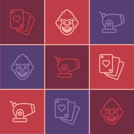 Set line Playing cards Cannon and Clown head icon. Vector.のイラスト素材