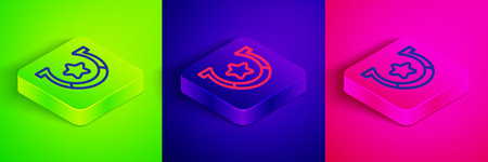 Isometric line Horseshoe icon isolated on green, blue and pink background. Square button. Vector.のイラスト素材