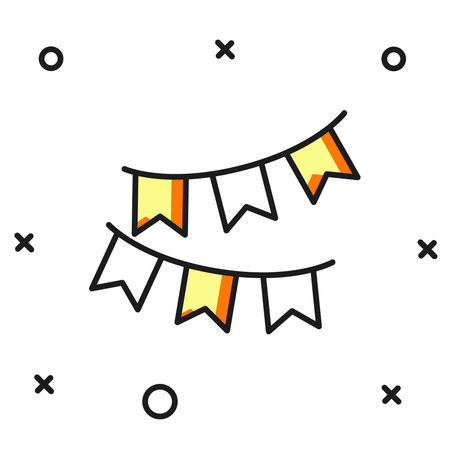 Filled outline Carnival garland with flags icon isolated on white background. Party pennants for birthday celebration, festival decoration. Flat filled outline style with shadow. Vector.のイラスト素材