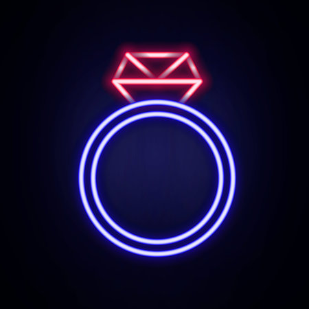 Glowing neon line Diamond engagement ring icon isolated on brick wall background. Colorful outline concept. Vector.のイラスト素材