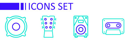 Set line Retro audio cassette tape Stereo speaker Guitar neck and icon. Vector.