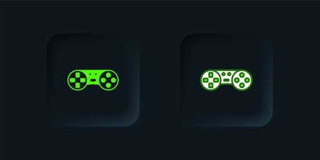 Green Game controller or joystick for game console icon isolated on black background. Black square...