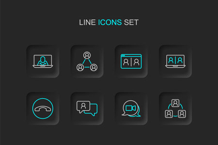 Set line Meeting Video chat conference Speech bubble Telephone handset and icon. Vector.のイラスト素材