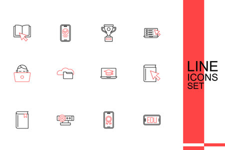Set line Online education with diploma Web camera Book book Graduation cap laptop Cloud or online library and Student working icon. Vector.のイラスト素材