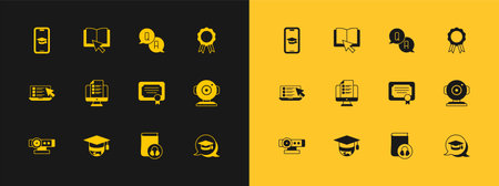 Set Online education with diploma Graduation cap globe Certificate template Audio book quiz test survey Question and Answer mobile and icon. Vector.のイラスト素材