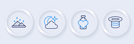 Set line Magic hat Bottle with love potion Moon and stars and powder icon. Vector.