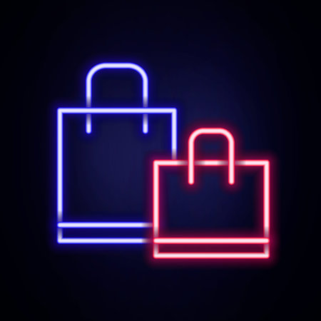 Glowing neon line Paper shopping bag icon isolated on brick wall background. Package sign. Colorful outline concept. Vector.のイラスト素材