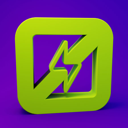 Green No lightning icon isolated on purple-blue background. No electricity. Minimalism concept. 3D render illustration.の写真素材