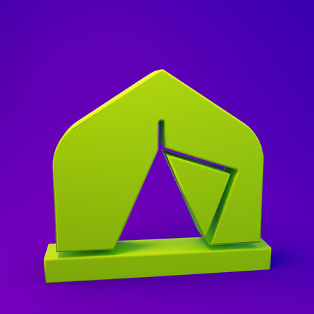 Green Tourist tent icon isolated on purple-blue background. Camping symbol. Minimalism concept. 3D render illustration.の写真素材