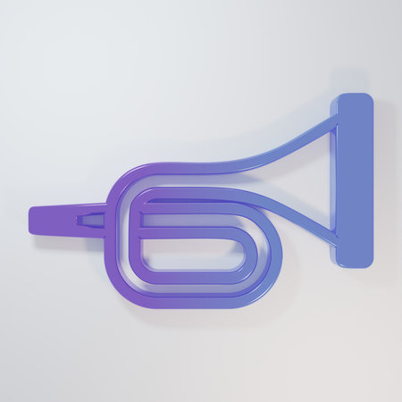 Purple-blue Musical instrument trumpet icon isolated on gray background. Minimalism concept. 3D render illustration.の写真素材