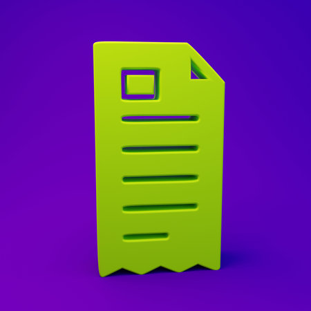 Green Paper check and financial check icon isolated on purple-blue background. Paper print check, shop receipt or bill. Minimalism concept. 3D render illustration.の写真素材