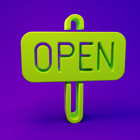 Green Hanging sign with text Open door icon isolated on purple-blue background. Minimalism concept....