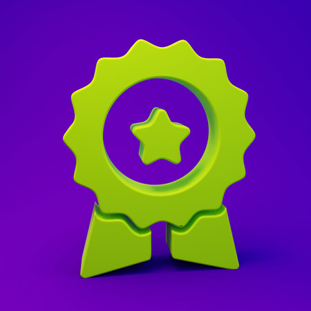 Green Medal with star icon isolated on purple-blue background. Winner symbol. Minimalism concept. 3D render illustration.の写真素材