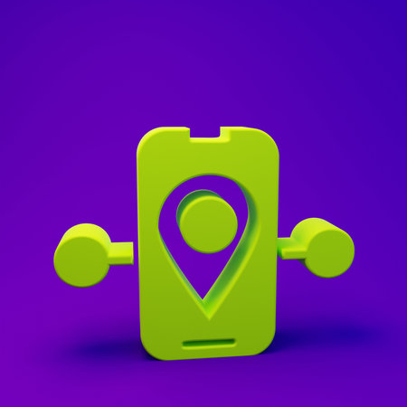 Green Route location icon isolated on purple-blue background. Start point GPS and dash line....