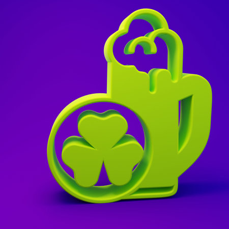 Green Glass of beer icon isolated on purple-blue background. Happy Saint Patricks day. National Irish holiday. Minimalism concept. 3D render illustration.の写真素材