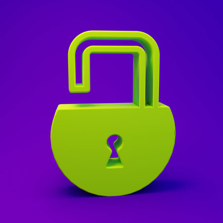 Green Open padlock icon isolated on purple-blue background. Opened lock sign. Cyber security concept. Digital data protection. Minimalism concept. 3D render illustration.の写真素材
