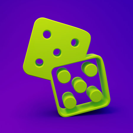 Green Game dice icon isolated on purple-blue background. Casino gambling. Minimalism concept. 3D...
