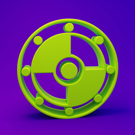 Green Round shield icon isolated on purple-blue background. Security, safety, protection, privacy, guard concept. Minimalism concept. 3D render illustration.の写真素材