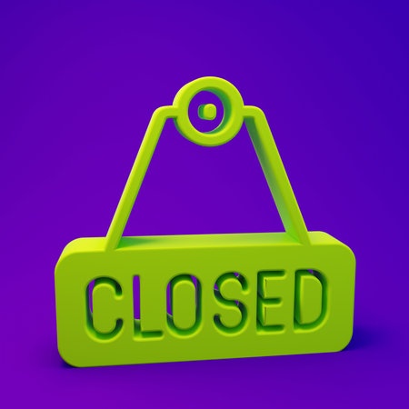 Green Hanging sign with text Closed icon isolated on purple-blue background. Business theme for cafe or restaurant. Minimalism concept. 3D render illustration.の写真素材