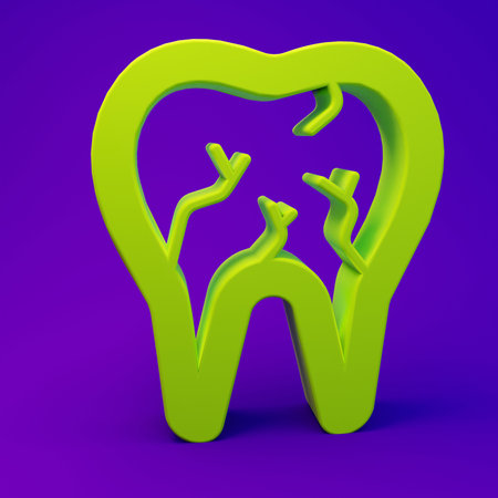 Green Broken tooth icon isolated on purple-blue background. Dental problem icon. Dental care symbol. Minimalism concept. 3D render illustration.の写真素材