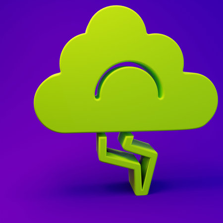 Green Storm icon isolated on purple-blue background. Cloud and lightning sign. Weather icon of storm. Minimalism concept. 3D render illustration.の写真素材