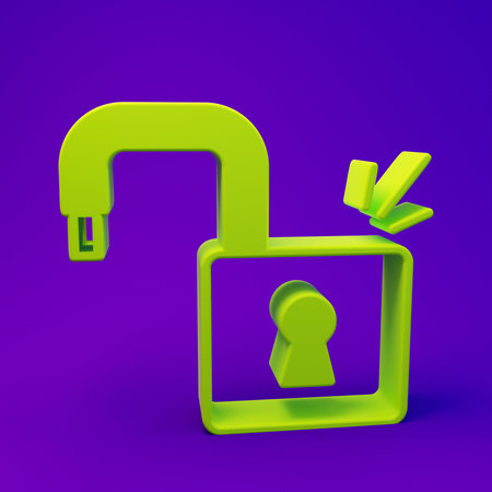 Green Open padlock icon isolated on purple-blue background. Opened lock sign. Cyber security concept. Digital data protection. Minimalism concept. 3D render illustration.の写真素材