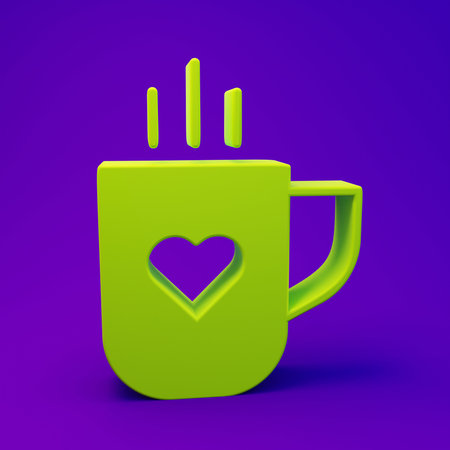 Green Coffee cup and heart icon isolated on purple-blue background. Couple coffee for lovers on Valentines Day. Minimalism concept. 3D render illustration.の写真素材