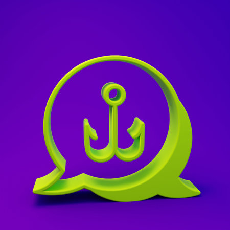 Green Fishing hook icon isolated on purple-blue background. Fishing tackle. Minimalism concept. 3D render illustration.の写真素材