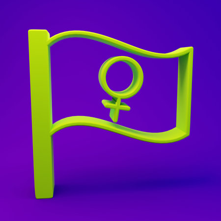 Green Female movement, feminist activist with banner and placards icon isolated on purple-blue background. Feminist rights movement, feminism sisterhood. Minimalism concept. 3D render illustration.の写真素材