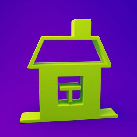 Green House icon isolated on purple-blue background. Home symbol. Minimalism concept. 3D render illustration.の写真素材