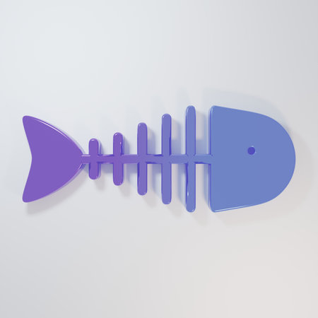 Purple-blue Fish skeleton icon isolated on gray background. Fish bone sign. Minimalism concept. 3D...