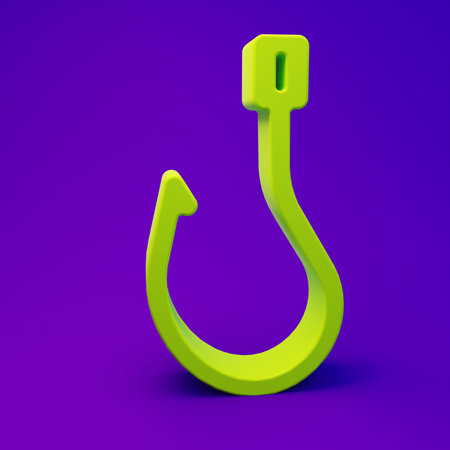 Green Fishing hook icon isolated on purple-blue background. Fishing tackle. Minimalism concept. 3D...