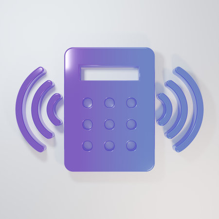 Purple-blue Security system control panel with display icon isolated on gray background. Keypad of...