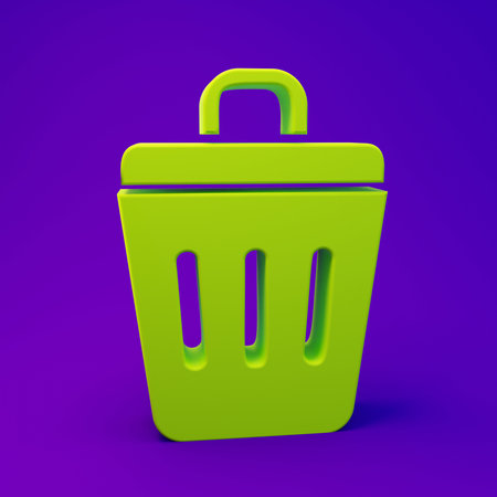 Green Trash can icon isolated on purple-blue background. Garbage bin sign. Recycle basket icon. Office trash icon. Minimalism concept. 3D render illustration.の写真素材