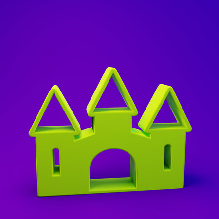 Green Castle icon isolated on purple-blue background. Medieval fortress with a tower. Protection from enemies. Reliability and defense of the city. Minimalism concept. 3D render illustration.の写真素材