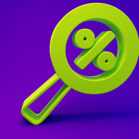 Green Magnifying glass with percent discount icon isolated on purple-blue background. Discount offers searching. Search for discount sale sign. Minimalism concept. 3D render illustration.の写真素材