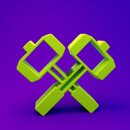 Green Medieval crossed battle hammers icon isolated on purple-blue background. Minimalism concept. 3D render illustration.の写真素材