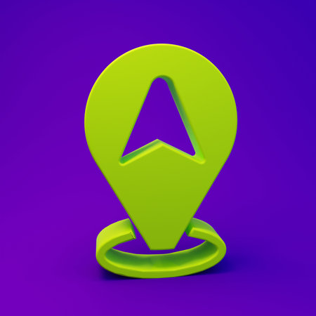 Green Map pointer with taxi car icon isolated on purple-blue background. Location symbol. Minimalism concept. 3D render illustration.の写真素材