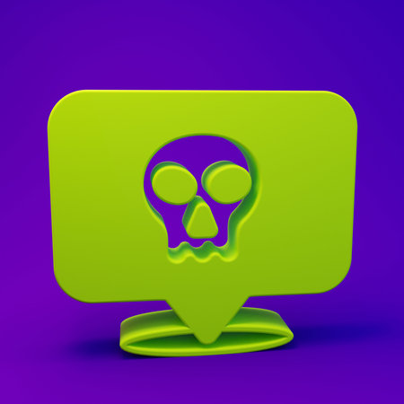 Green Skull icon isolated on purple-blue background. Happy Halloween party. Minimalism concept. 3D...